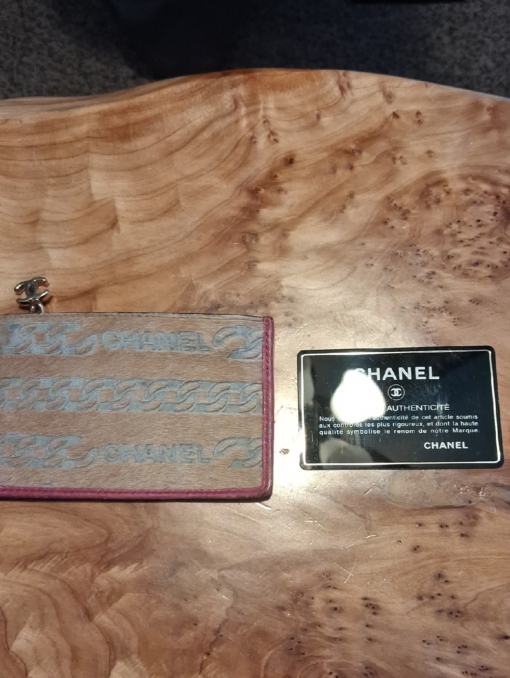 CHANEL Beige Fabric Card Holder with Pink Trim
